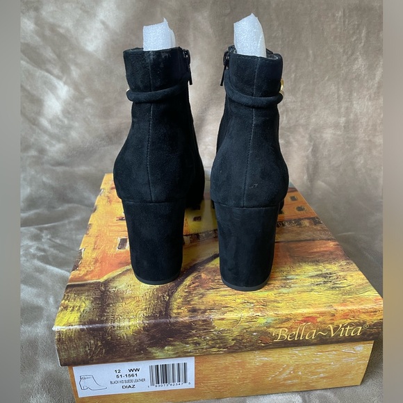 BELLA VITA Diaz Black Kid Suede Block Heel Booties with Chain link detail - Picture 9 of 11